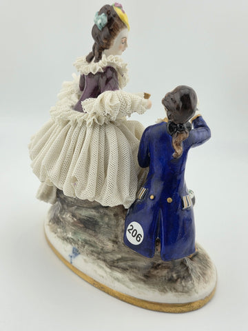 Vintage Sitzendorf Germany Lace Porcelain Courtship Scene Figurine Crown Mark.