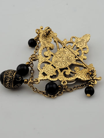 VTG 1928 BROOCH VICTORIAN REVIVAL BLACK GLASS BEAD DANGLE OPENWORK GOLDTONE PIN