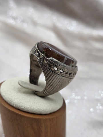 Antique Islamic Silver Agate Aqeeq Men's Ring Large Cabochon Middle Eastern