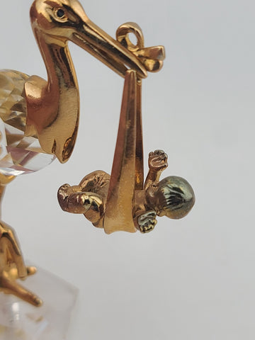 Rare Swarovski Crystal Stork Baby Figurine Gold Tone New Arrival Maternity Gift