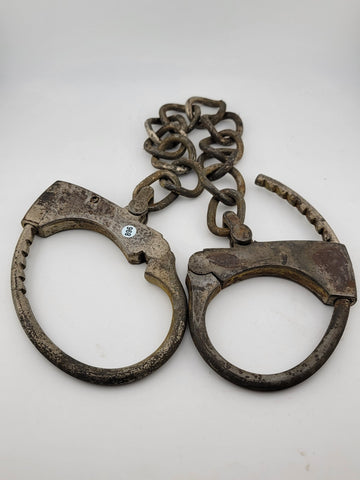 Rare Antique Late 19th C Pair Of Original Mattatuck Co. USA Handcuffs. No Key.