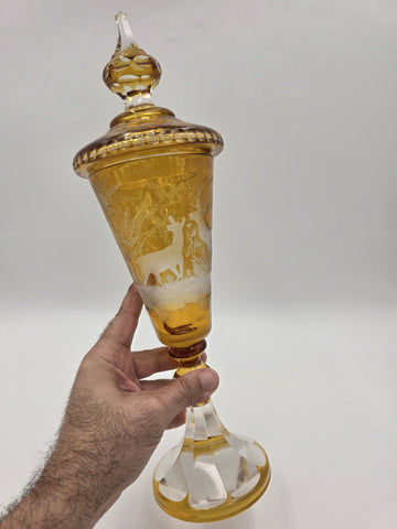Rare Antique C1920's Bohemian Amber Cut to Clear Lidded Goblet Stag Forest Scene