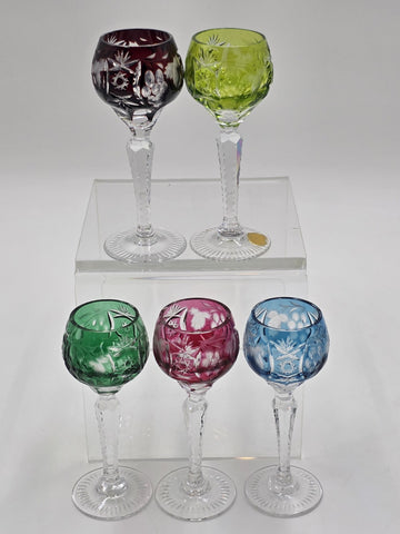 5 NACHTMANN TRAUBE 4 1/2" CORDIALS CRYSTAL WINE GLASSES MULTI COLOR CUT TO CLEAR