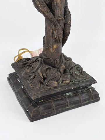Antique Bronze Table Lamp with Palm Tree & Monkey, Beige Silk & Pleated Shade,