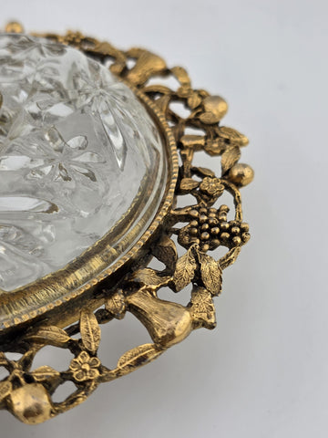 Antique Victorian Ormolu Cut Crystal Covered Vanity Dish W Floral Lid, C 1890.