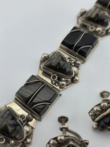 VINTAGE Mexican TAXCO STERLING SILVER 925 BRACELET & Earrings Obsidian Tribal.