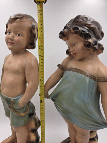 Paor huge 1920 French Art Deco Chalkware polychrome boy & girl figurine statues