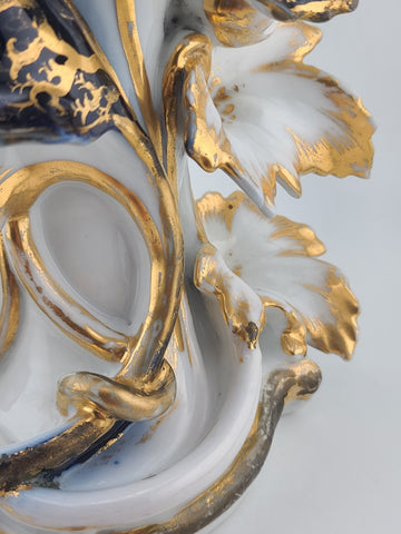 Rare Antique 19th C Porcelain Iris Spill Vase Gold Gilt Cobalt Floral. 11 Inch