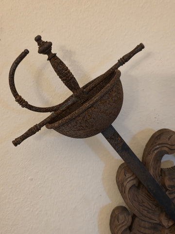 Antique Large Spanish Walnut Wood Carved Family Coat of Arms W 2 Tolido Swords.