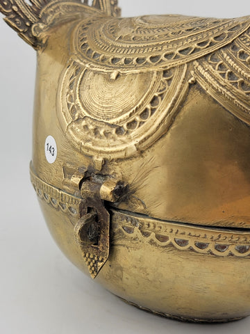 Antique Brass Decorative Indo-Islamic Dhokra Betel Nut Peacock Box With Lid.