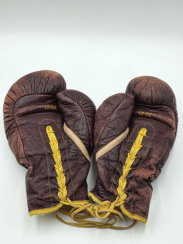 Antique 1950s Everlast 12oz Brown Leather Lace-Up Boxing Gloves Made in USA