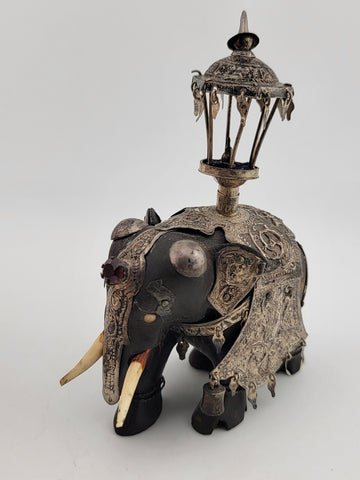 Rare Antique Indian Ebony Silver Overlay Jeweled Elephant W Real Ruby Stone.