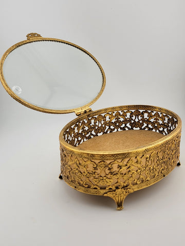 Vintage 1950s Hollywood Regency Ormolu Jewelry Casket Beveled Glass Filigree Box