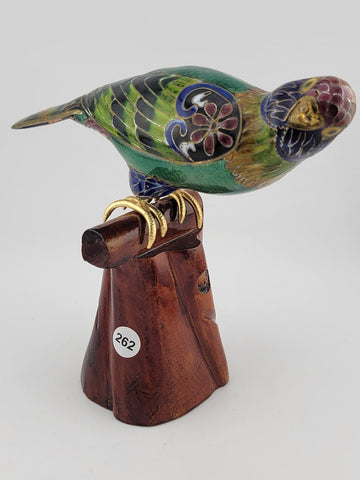 RARE BEAUTIFULLY COLORED CLOISONNE BIRD (PARAKEET) W WOODEN STAND. 7 Inch Wide.