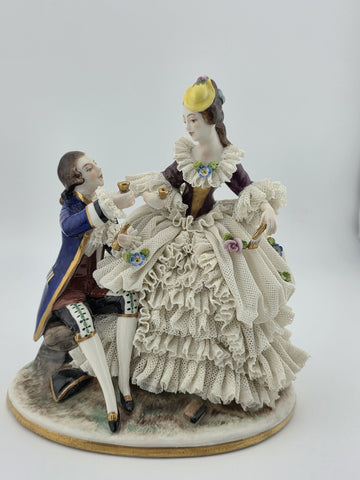 Vintage Sitzendorf Germany Lace Porcelain Courtship Scene Figurine Crown Mark.