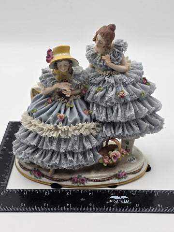 Antique German Dresden Lace Porcelain Figurine Two Ladies On Bench Volkstedt