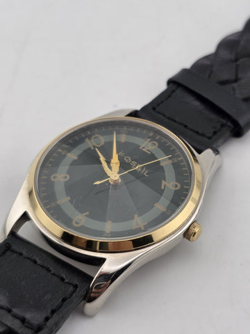 NIB Fossil PC-9626 Gold Tone Black Dial Quartz Watch Leather Strap 36mm