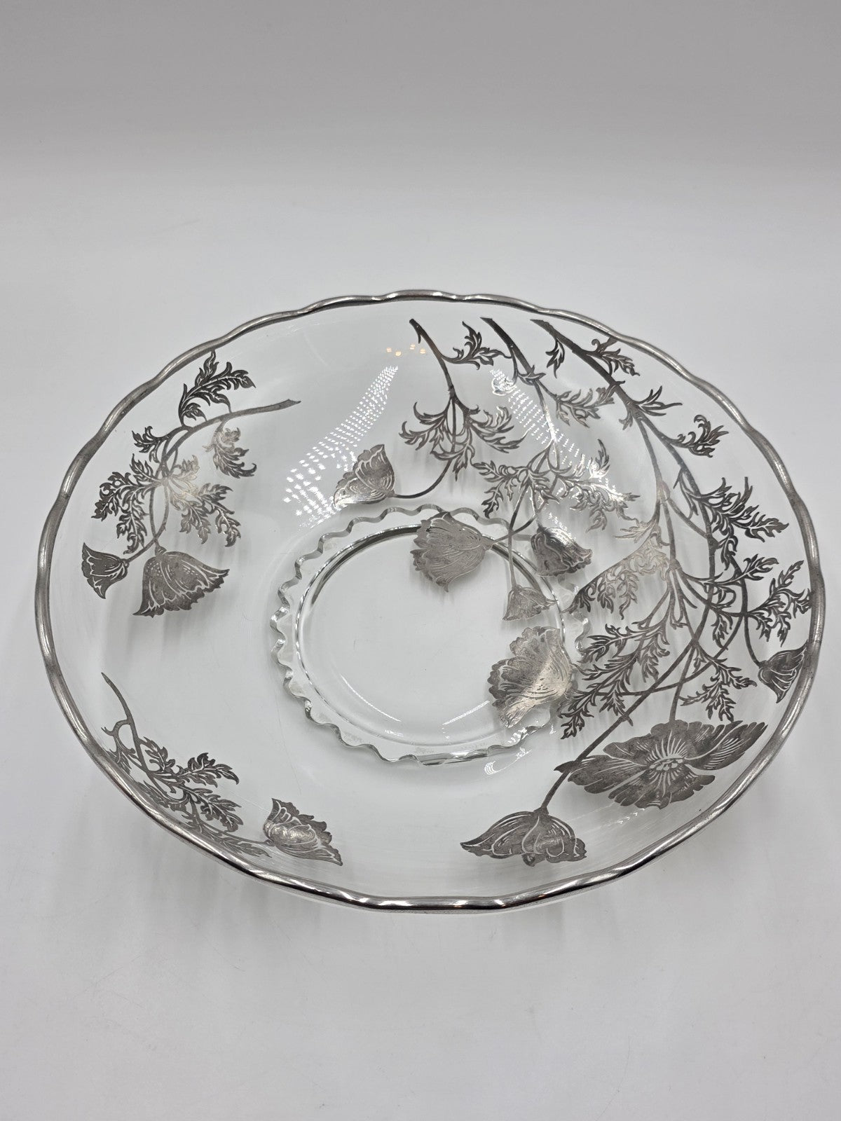 Sterling Silver Overlay Glass Bowl/ Plate Silver Edge excellent Cond. 12.5 Inch
