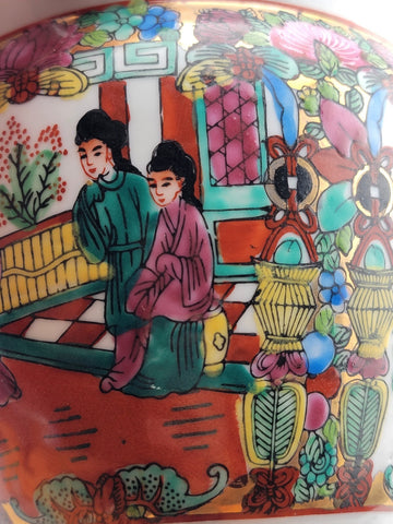 Antique Handpainted Chinoisserie Fishbowl Ceramic Chinese Pot W Geisha Figures.