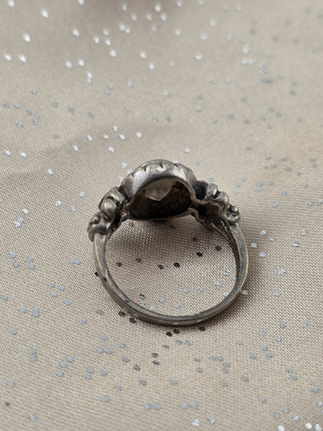Antique 925 Sterling Silver Oval Clear Stone Floral Oxidized Artisan Ring Sz 8