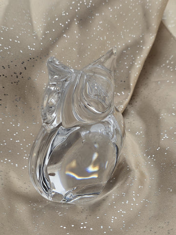 Vintage Daum France Signed Small Heavy Crystal Owl Figurine Paper Weight.