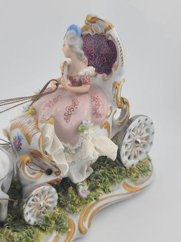Rare Antique Capodimonte Italian Porcelain Lady Horse Carriage Lace Figurine