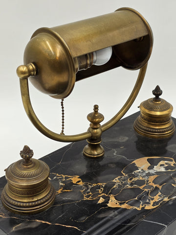 1920 Art Deco Brass Barrel Desk Lamp on Portoro Marble Base Dual Brass Inkwells
