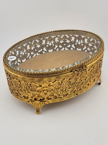 Vintage 1950s Hollywood Regency Ormolu Jewelry Casket Beveled Glass Filigree Box