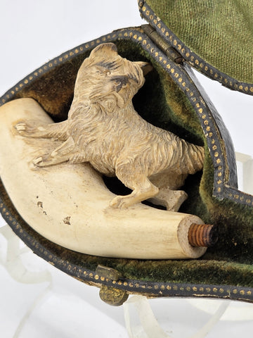 Antique 19th C ECHT German Meerschaum Pipe Hunting Dog Theme W Original Case.