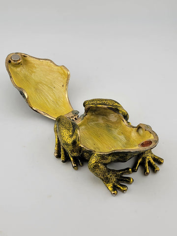 Black & Green Enamel Frog Trinket Box - Jeweled Gold Tone w/ Magnetic Closure
