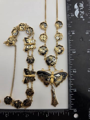Rare 1940s Japanese 24K Gold Plated Damascene Butterfly Necklace Bracelet Set