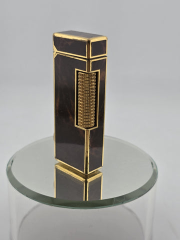 Rare Dunhill Square Lacquer Marble Roller Gas Lighter Gold Brown Swiss Made.