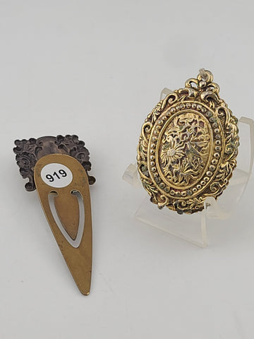 Rare Antique 19th C Victorian Glass Cameo Locket & Hair Pin Gilt Brass Classical