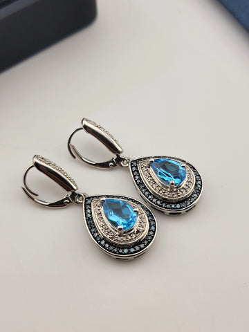 Gorgeous Set Of Natural Blue Topaz & Natural Cut Diamonds Earings W Certificate