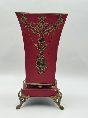 Antique 1940 Hollywood Regency Red Gold Toleware Planter Cachepot Louis XV Style