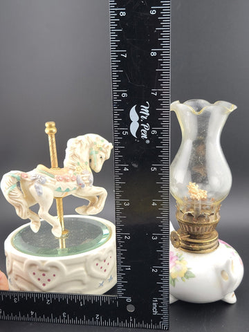 Set Of 2 Miniature Home Decor Items.  Music Box And Oil Lamp