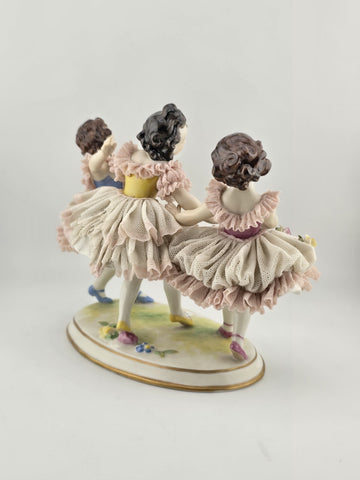 19th C Volkstedt Dresden Lace Porcelain Figurine Trio Ballerina Dancers Germany