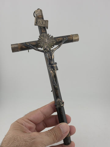 Antique 19th C Crucifix Metal Jesus On Wood Cross W Rare Tips Memento Mori Skull