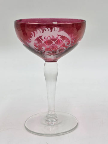 Rare Set Of 8 Antique Edwardian Wine Cranberry Glass Engraved Etched & Pitcher.