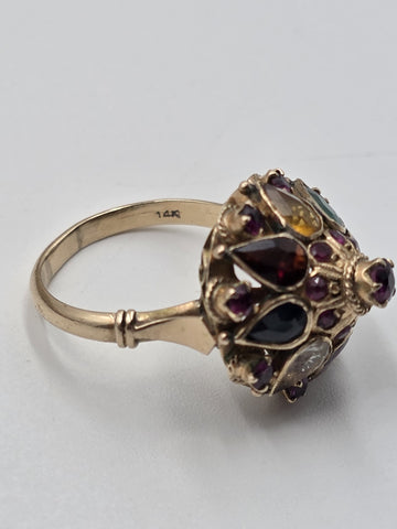Vintage 14K Gold Multi Gemstone Dome Cluster Ring Garnet Amethyst Citrine Sz 7
