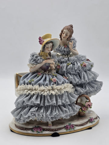Antique German Dresden Lace Porcelain Figurine Two Ladies On Bench Volkstedt