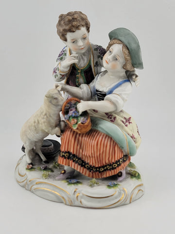 Antique 19th C Wilhelms-Feld Shepherd Children With Sheep Porcelain Figurine.
