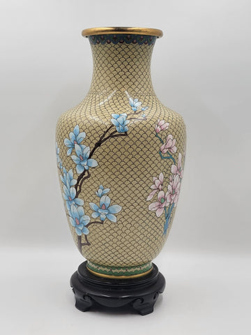 XL Cloisonné Vase Beautiful Floral  Fine Wirework Interior Brass 17 inches tall