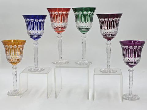 Gourgeous Set Of 6 Colorful Cut to Clear Crystal 8 3/4" Tall Hock Wine Glasses