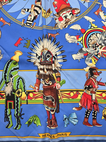 Rare Hermes Kachinas Scarf 90cm Silk Twill Hopi Design Blue Multicolor W Box.