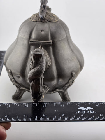 Rare Shaw & Fischer Sheffield Pewter Teapot Hinged Lid Snake Holding Fish Handle