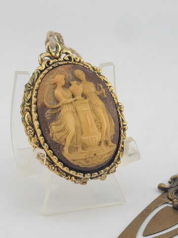 Rare Antique 19th C Victorian Glass Cameo Locket & Hair Pin Gilt Brass Classical