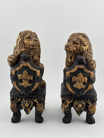 Pair Antique Carved Wood Heraldic Lions Bookends Fleur-de-Lis Shield Gold &Black