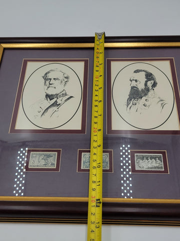 Framed Lee and Jackson Portraits with 1937 Lee/Jackson 4cent Stamp - 13" x 16"