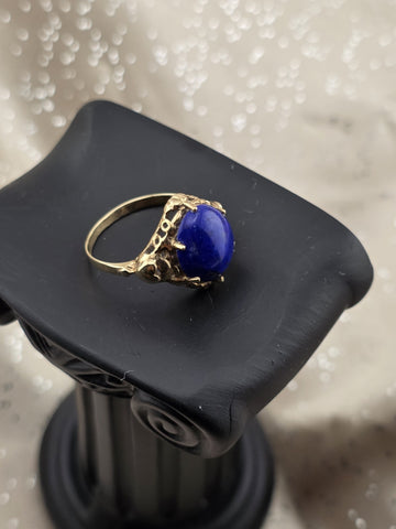 Antique 10K Solid Gold Lapis Lazuli Cabochon Ring Ornate Blue Statement. 6.75.